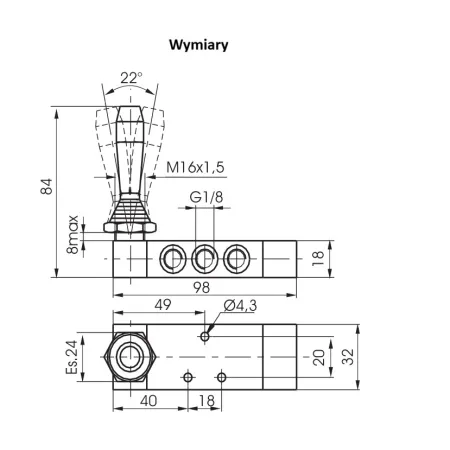 Zawór mechaniczny 228.53.31.9.1/2 Pneumax 5/3 centralnie zamknięty G 1/8, dźwignia, sprężyna